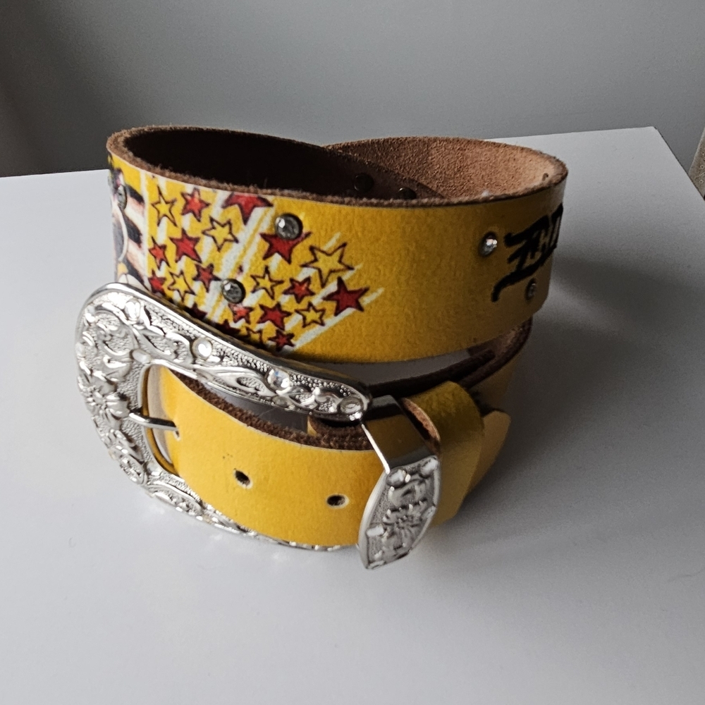 Ed Hardy Vintage Tattoo Mustard Yellow Death Or Glory Rinestone Leather Belt View 2
